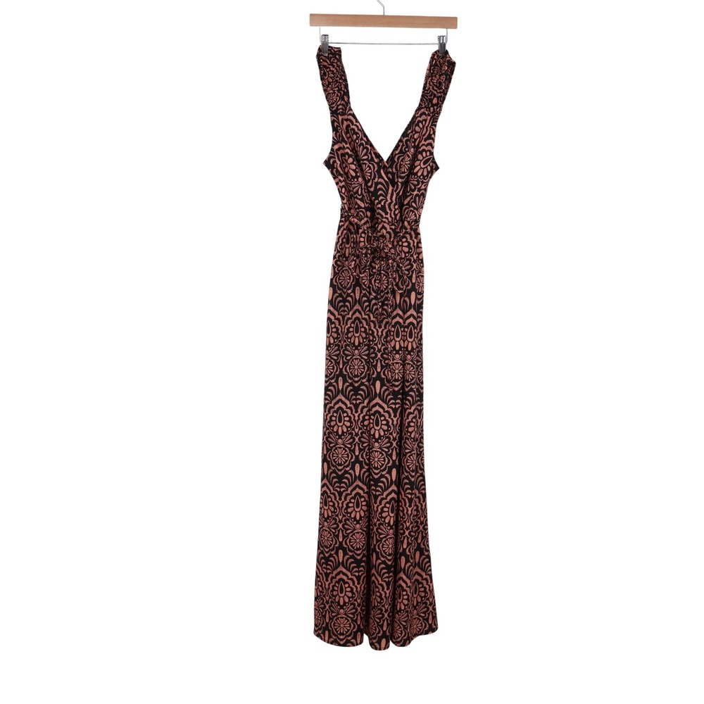 Attention Maxi Dress Womens L Geometric Print Black Coral Smocked Excellent